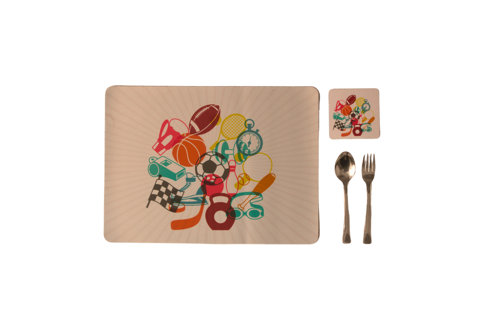 Tiny Tots Sports Rubber Placemat, Coaster & Cutlery - 3pc Set