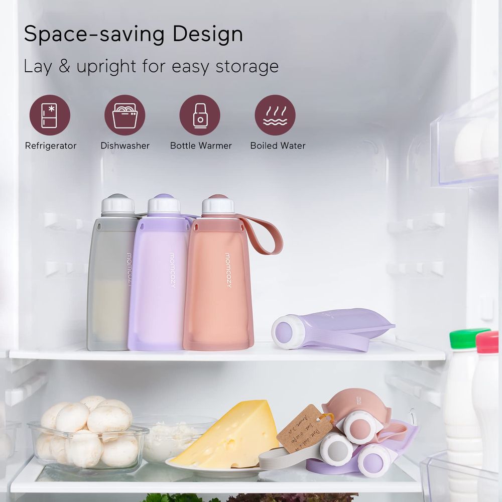 مومكوزي - أكياس تخزين حليب سيليكون - عبوة من 5 قطع - رمادي - 250 مل