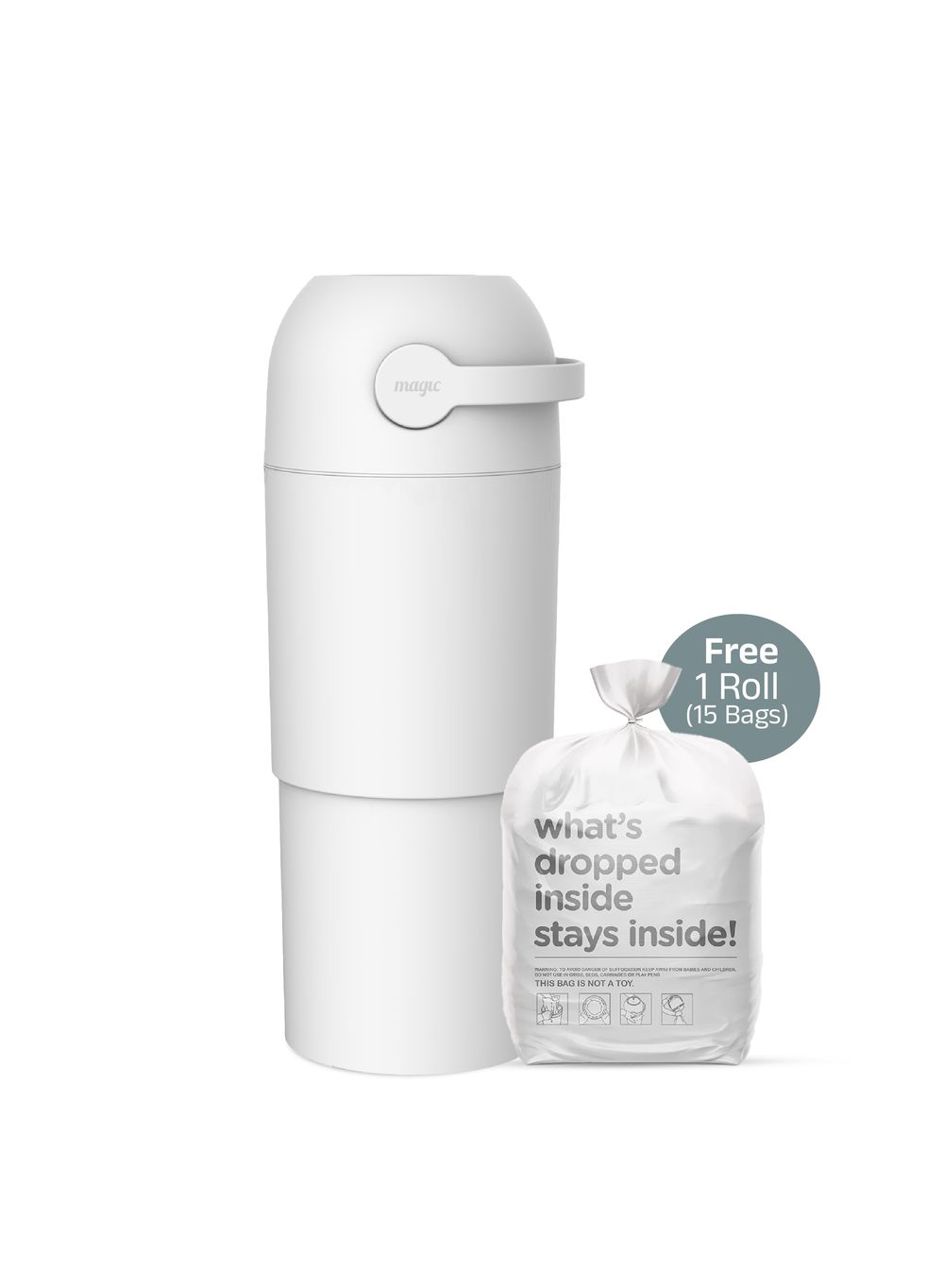 سلة حفاضات ماجيك - ثوث إل مع لفة من 15 كيسًا - أبيض
