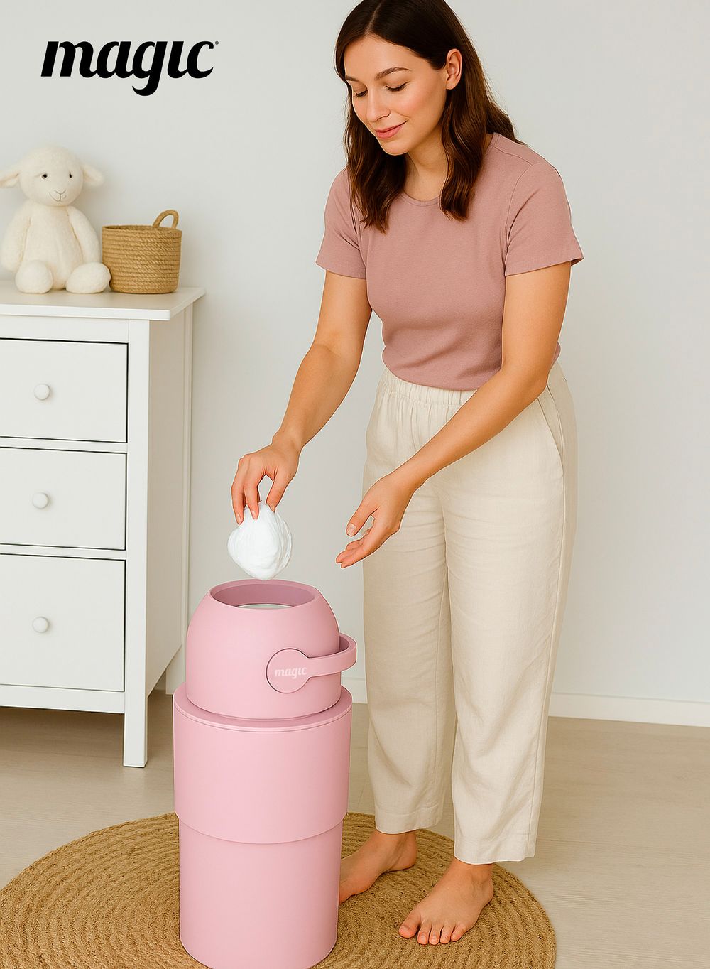 Magic - Heka Diaper Pail With 15 Trash Bags - Blush Pink - Medium