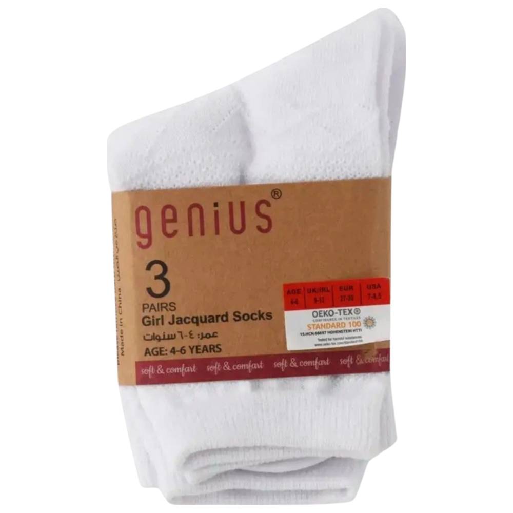 Genius - Girl's Jacquard Plain Socks - White - Pack of 3