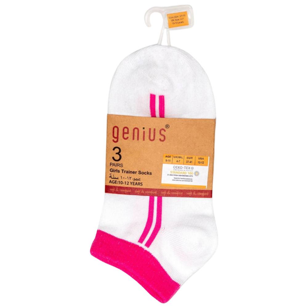 Genius - Girl's Trainer Socks - White/Pink - Pack of 3