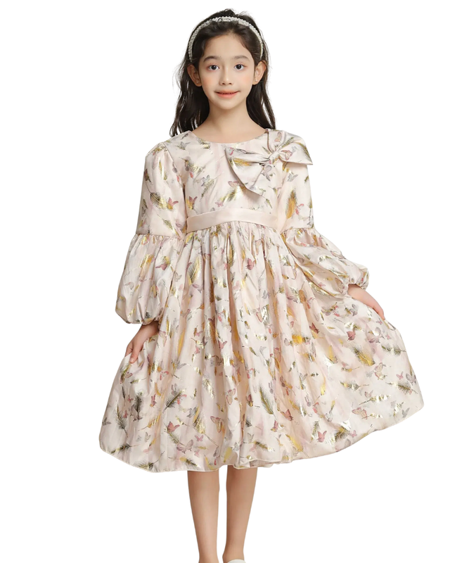 Le Crystal - Girl's Flare Sleeves Party Dress With Belt - Beige