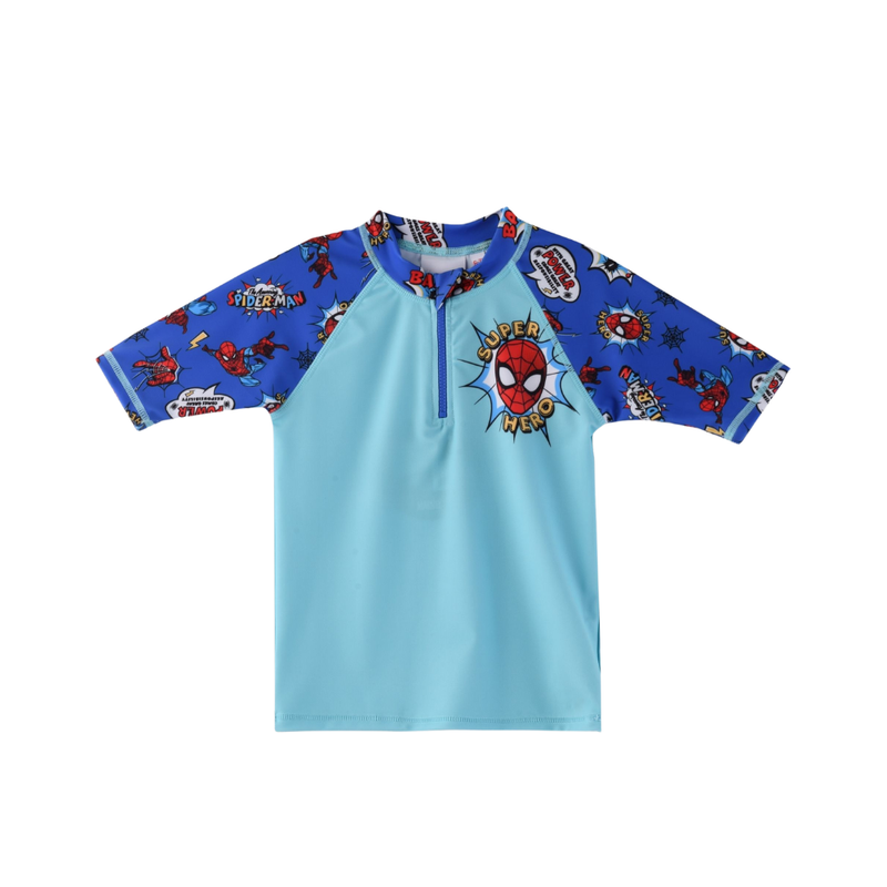 سبايدرمان - سترة حماية للسباحة بأكمام قصيرة للأولاد - أزرق