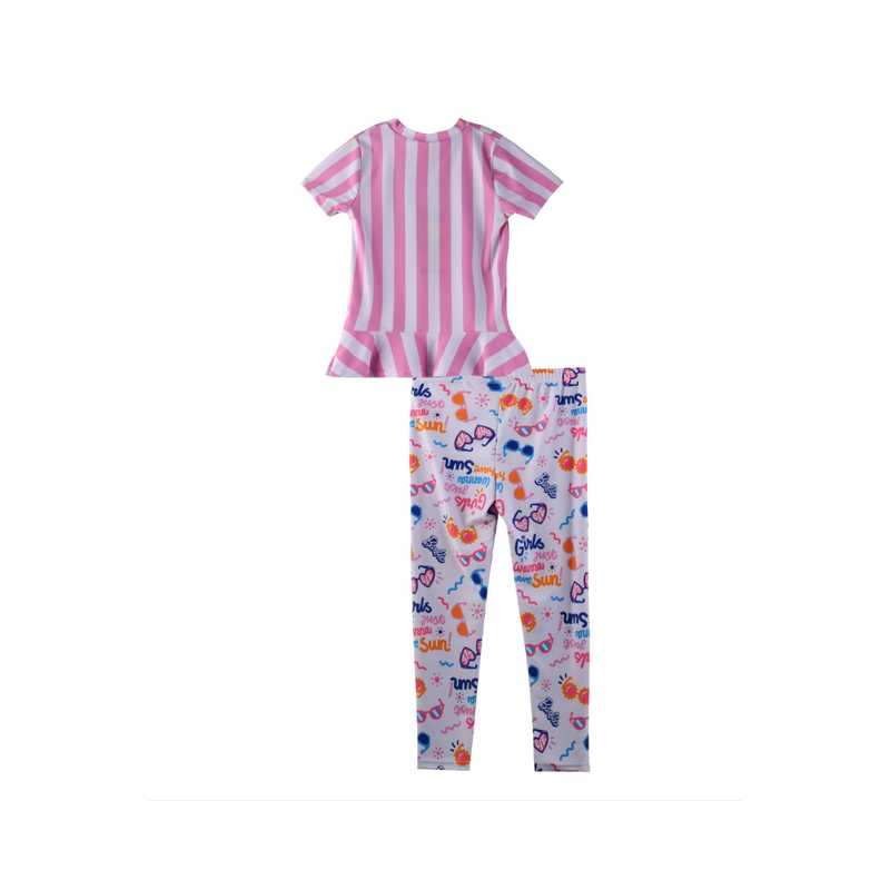 Barbie - 2pc-Set - Girl's Short Sleeves Swim Top With Pants - Pink/White