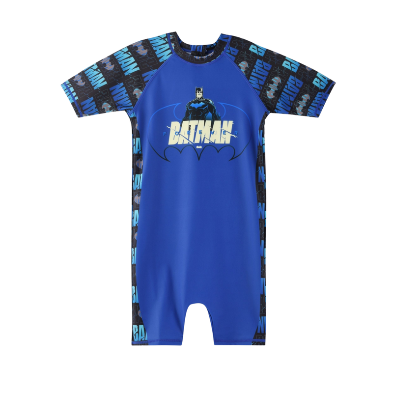 Batman - Boy's Overall Short Sleeves Rash Guard Swimsuit - Blue