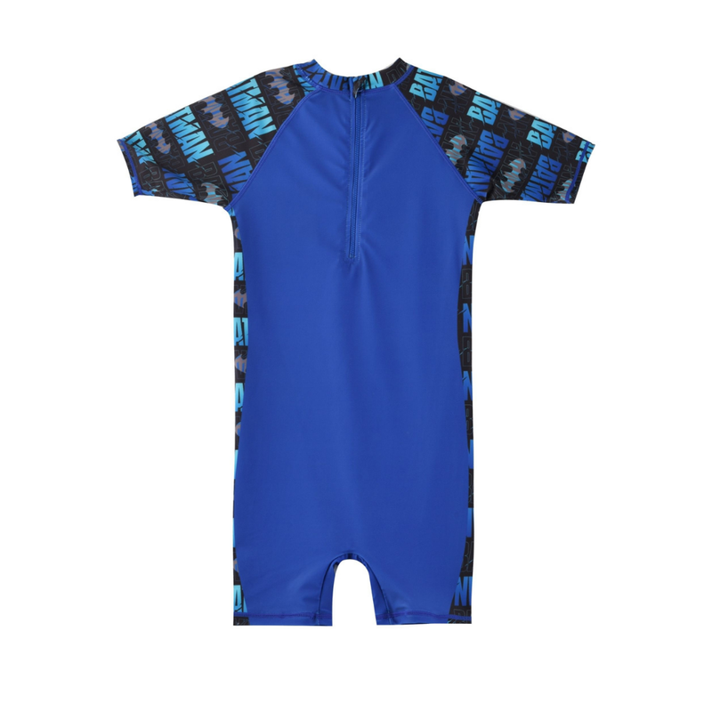 Batman - Boy's Overall Short Sleeves Rash Guard Swimsuit - Blue