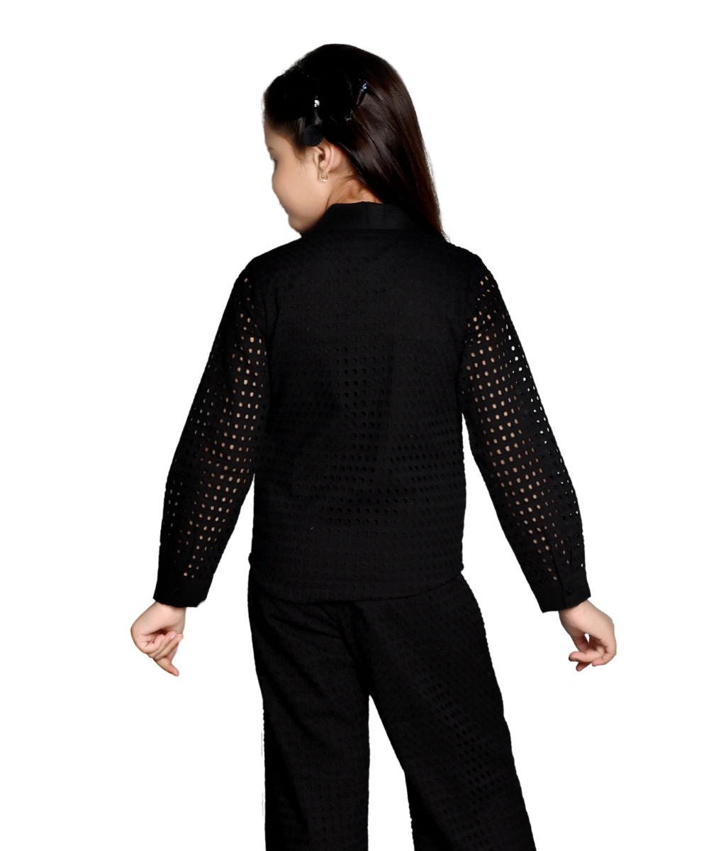 فلاور جيرل - قميص بأكمام طويلة مطرز بخيوط للبنات - أسود