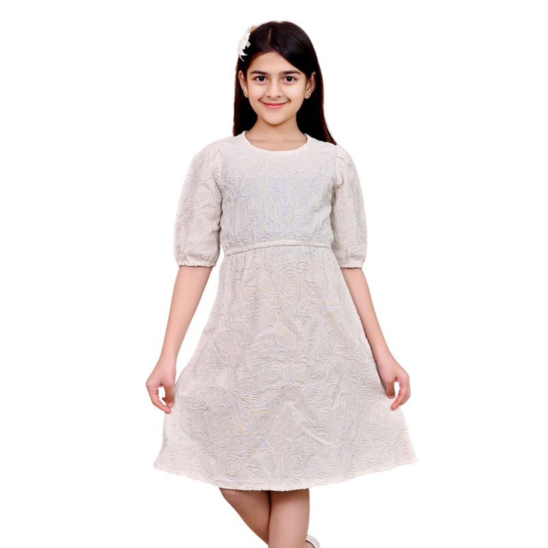 Flower Girl - Girl's Thread Embroidered Round Neck Dress - Ecru