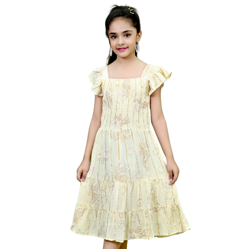 Flower Girl - Girl's All Over Print Square Neck Dress - Off White