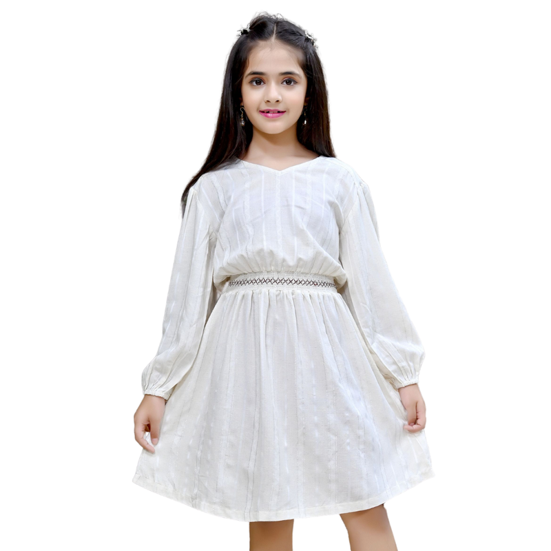 Flower Girl - Girl's Lurex Striped V-Neck Dress - Light Beige