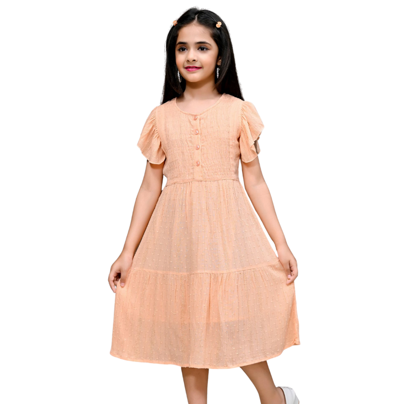 Flower Girl - Girl's Frill Sleeves Round Neck Dress - Peach