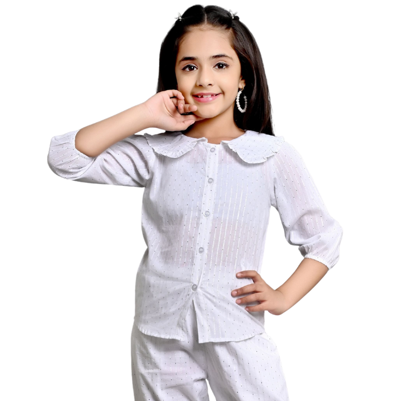 فلاور جيرل - قميص مطرز برقبة بيتر بان للبنات - أبيض