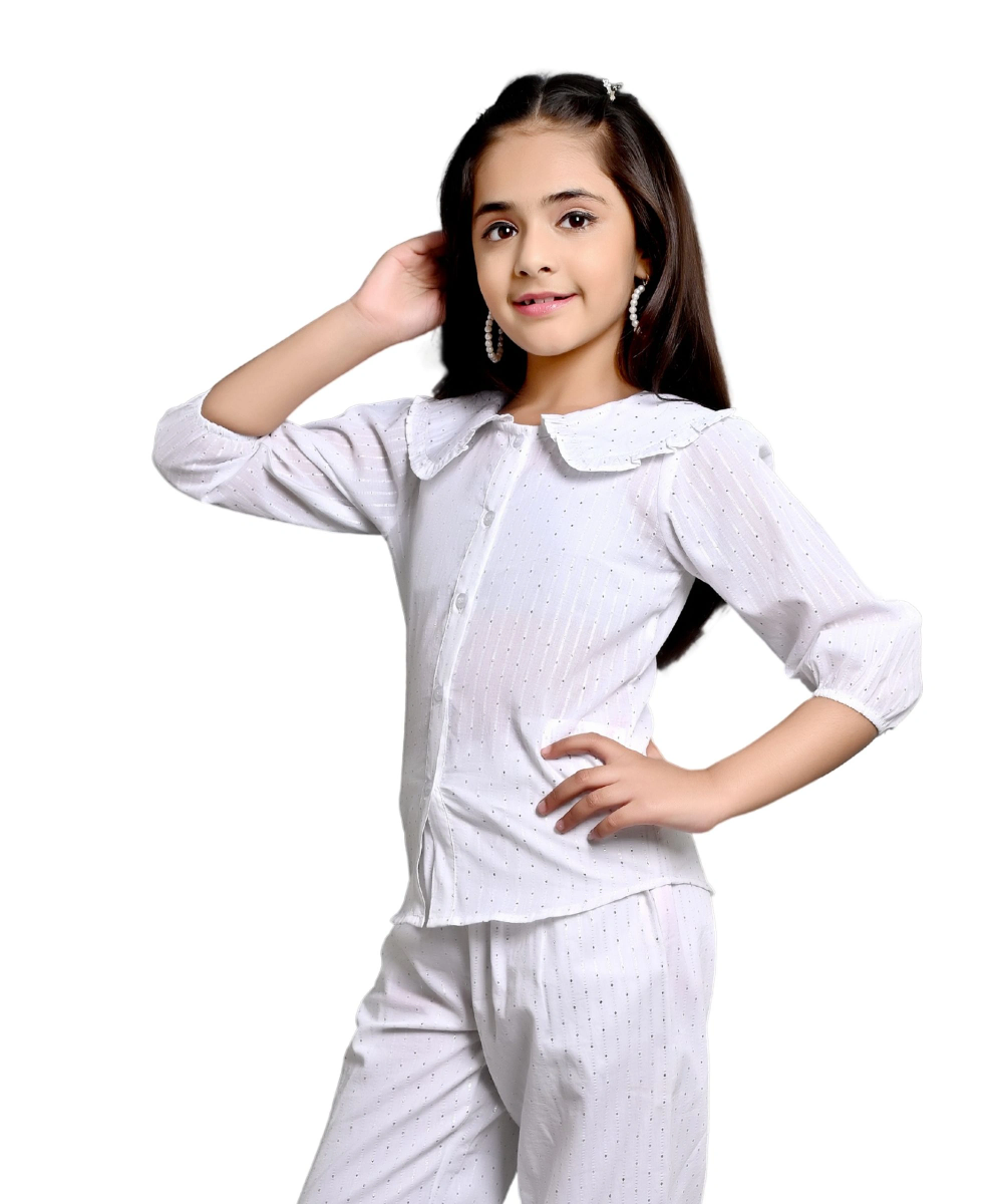 فلاور جيرل - قميص مطرز برقبة بيتر بان للبنات - أبيض