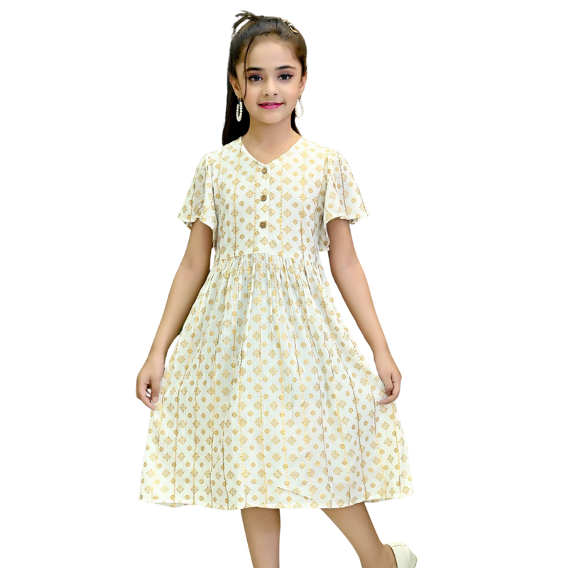 Flower Girl - Girl's All Over Print V Neck Dress - White