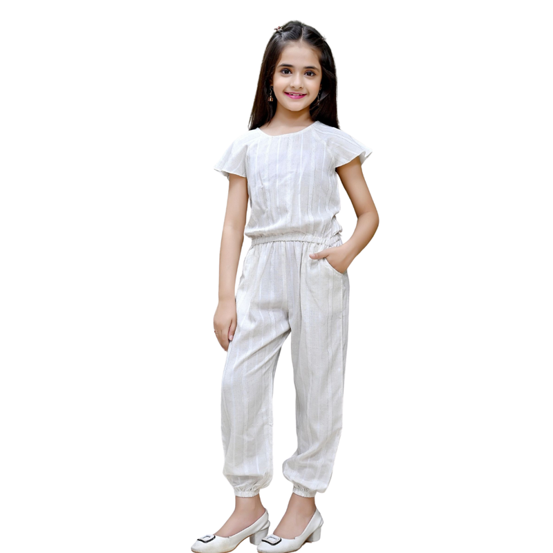 Flower Girl - Girl's Lurex Striped Round Neck Jumpsuit - Light Beige