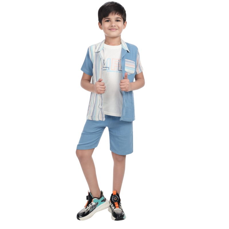 Genius - 3pc-Set - Boy's Shirt With T-Shirt & Bermuda Shorts - Blue