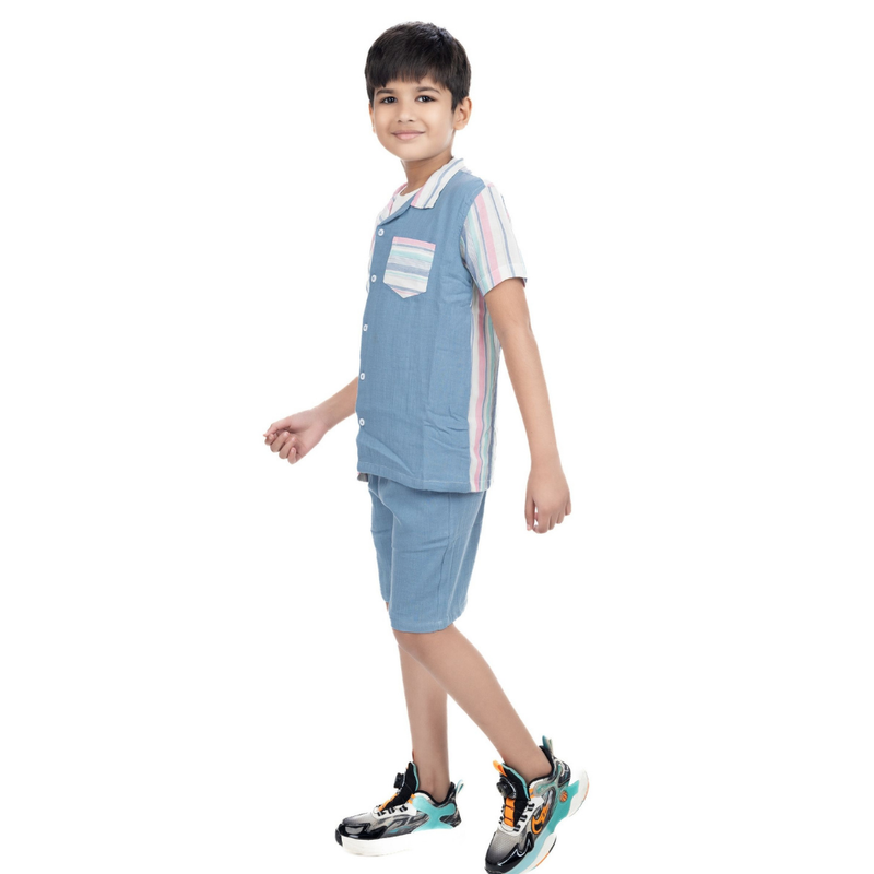 Genius - 3pc-Set - Boy's Shirt With T-Shirt & Bermuda Shorts - Blue