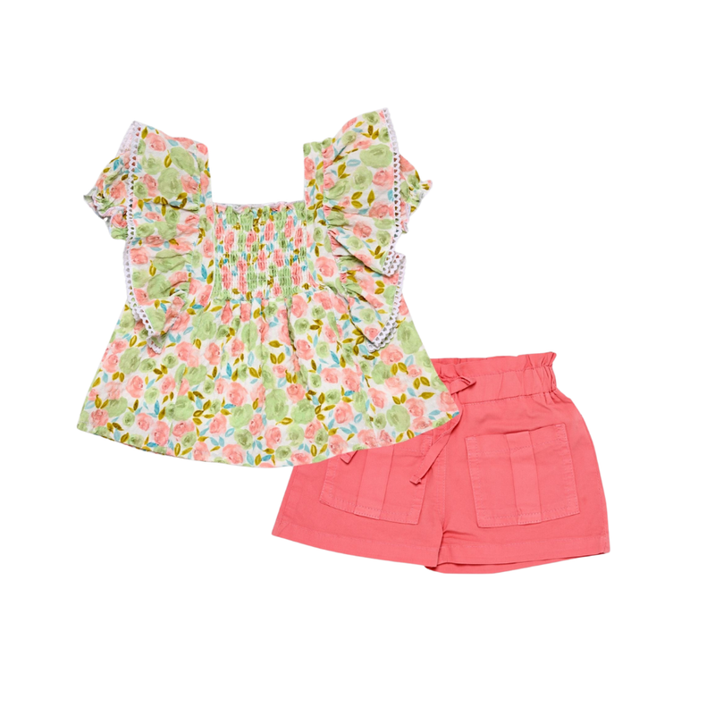 سمارت بيبي - طقم بلوزة بطبعة كاملة مع شورت للبنات - زهري سالمون - قطعتين