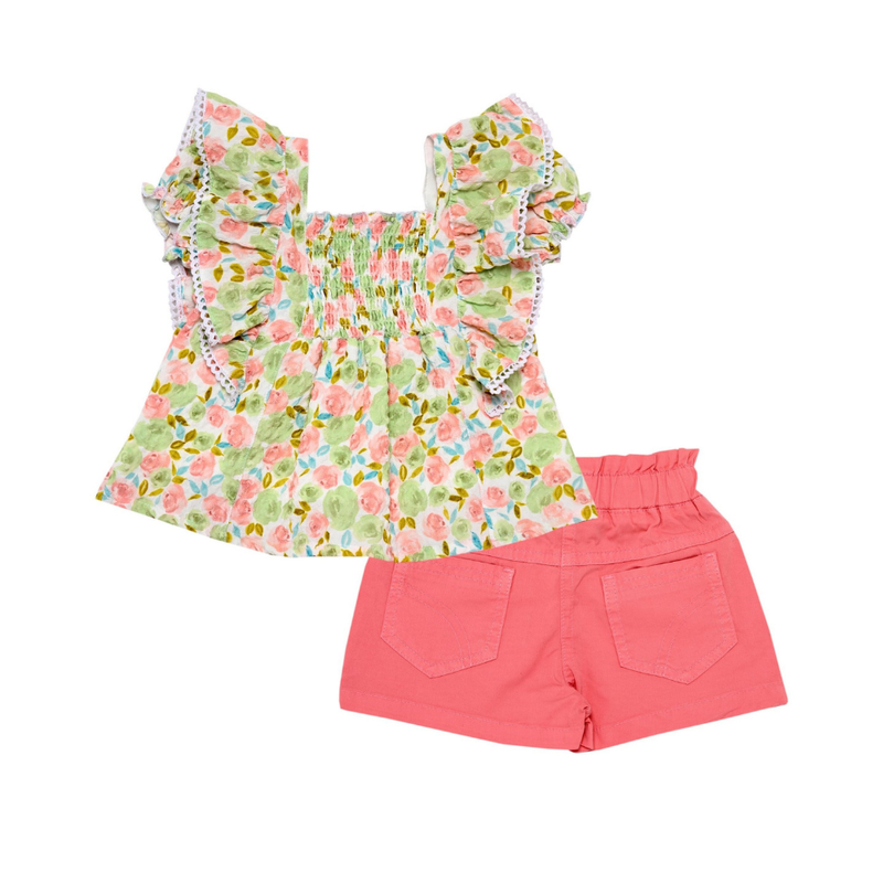 سمارت بيبي - طقم بلوزة بطبعة كاملة مع شورت للبنات - زهري سالمون - قطعتين