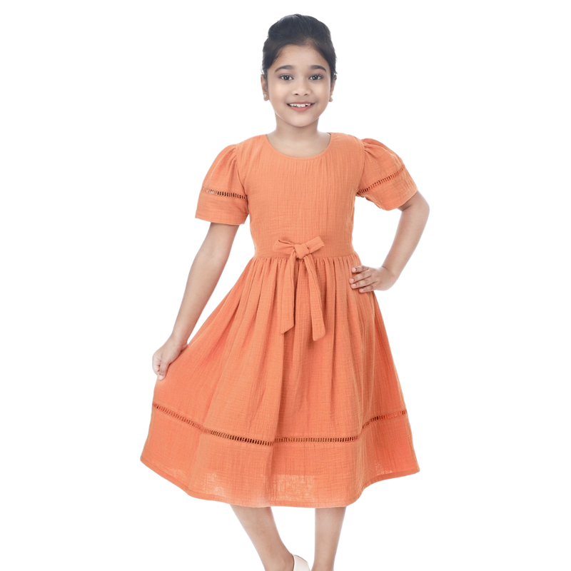 Flower Girl - Girl's Short Sleeves Round Neck Dress - Brick Red