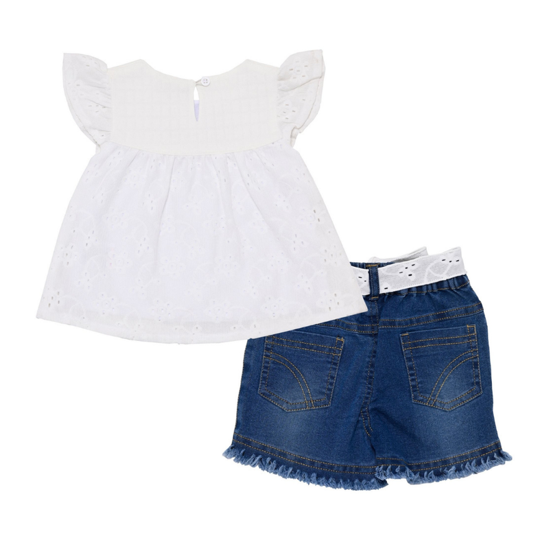 Smart Baby - 2pc-Set - Girl's Cap Sleeves Top With Denim Shorts - White/Blue