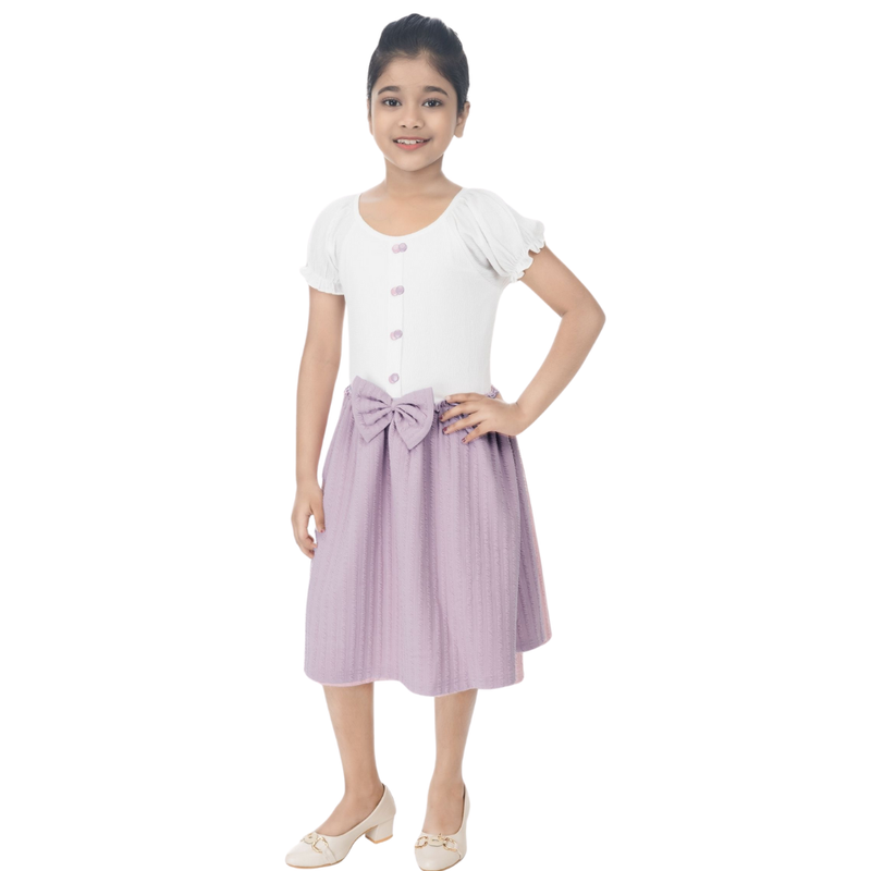 Flower Girl - Girl's Puff Sleeves Round Neck Dress - White/Lilac