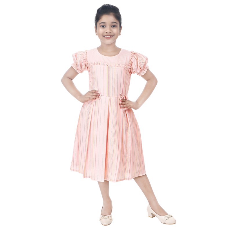 Flower Girl - Girl's Foil Striped Puff Sleeves Dress - Pink