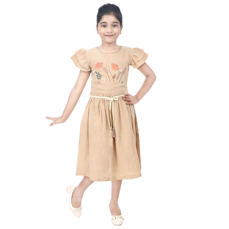 Flower Girl - Girl's Ruffled Sleeves Embroidered Dress - Almond