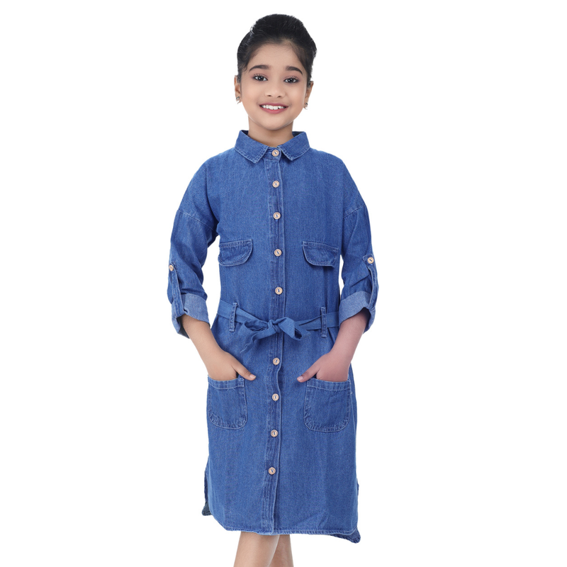 Flower Girl - Girl' Roll-Up Sleeve Denim Dress - Blue