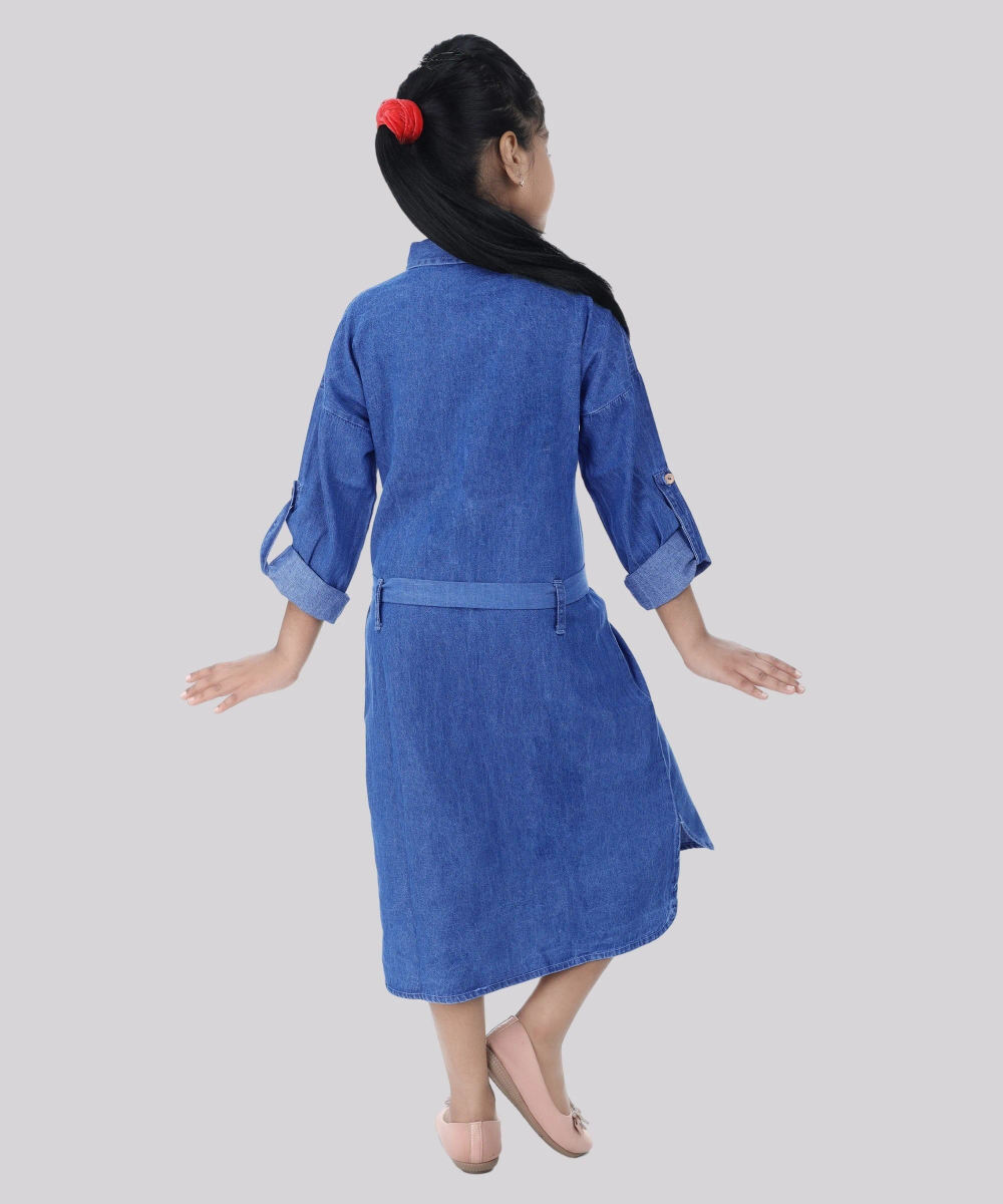 Flower Girl - Girl' Roll-Up Sleeve Denim Dress - Blue