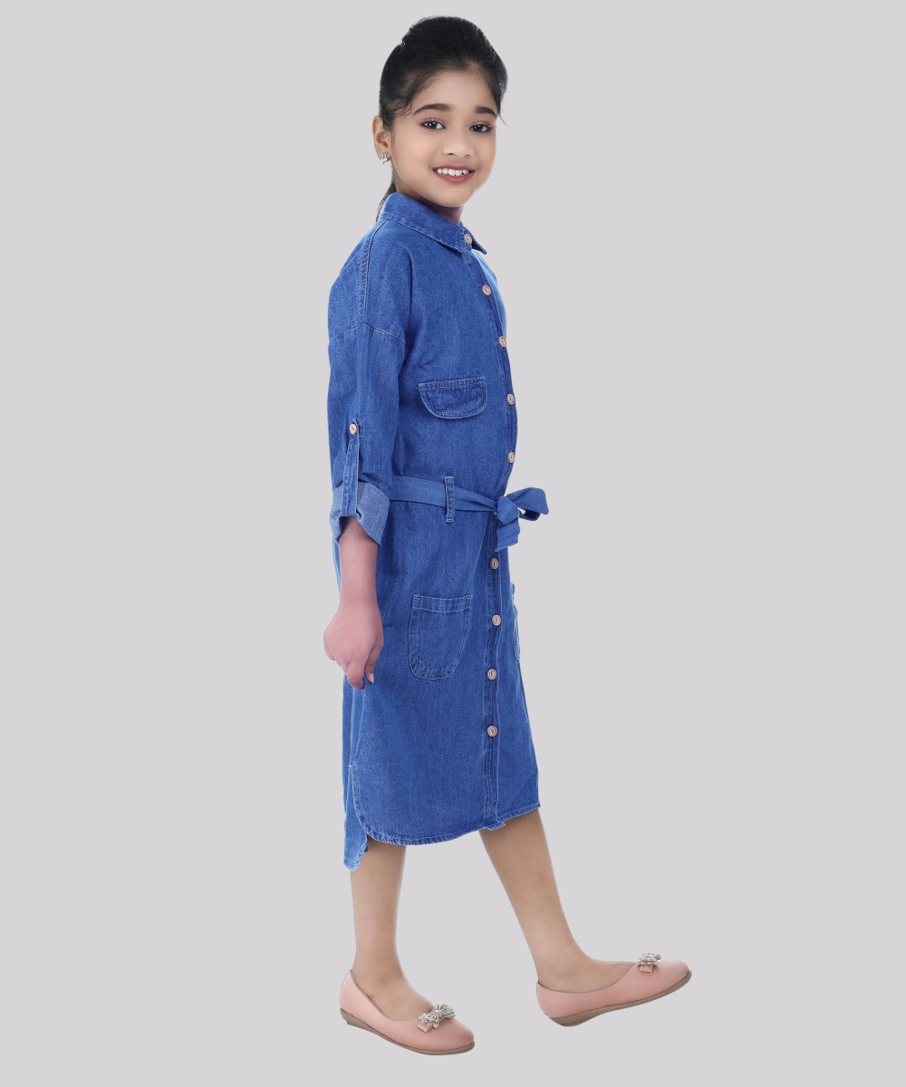 Flower Girl - Girl' Roll-Up Sleeve Denim Dress - Blue