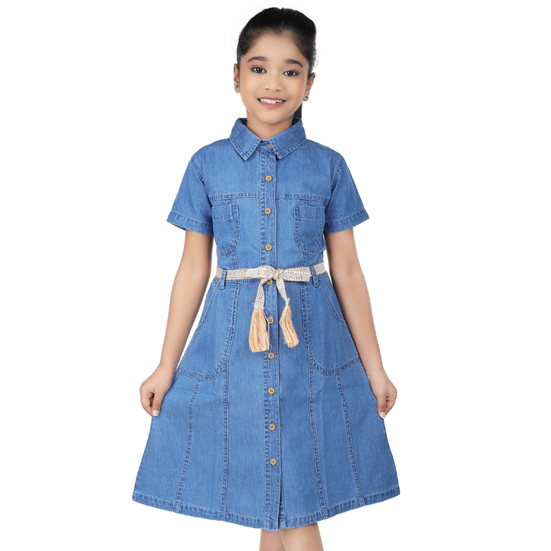 Flower Girl - Girl' Half Sleeve Denim Dress - Blue