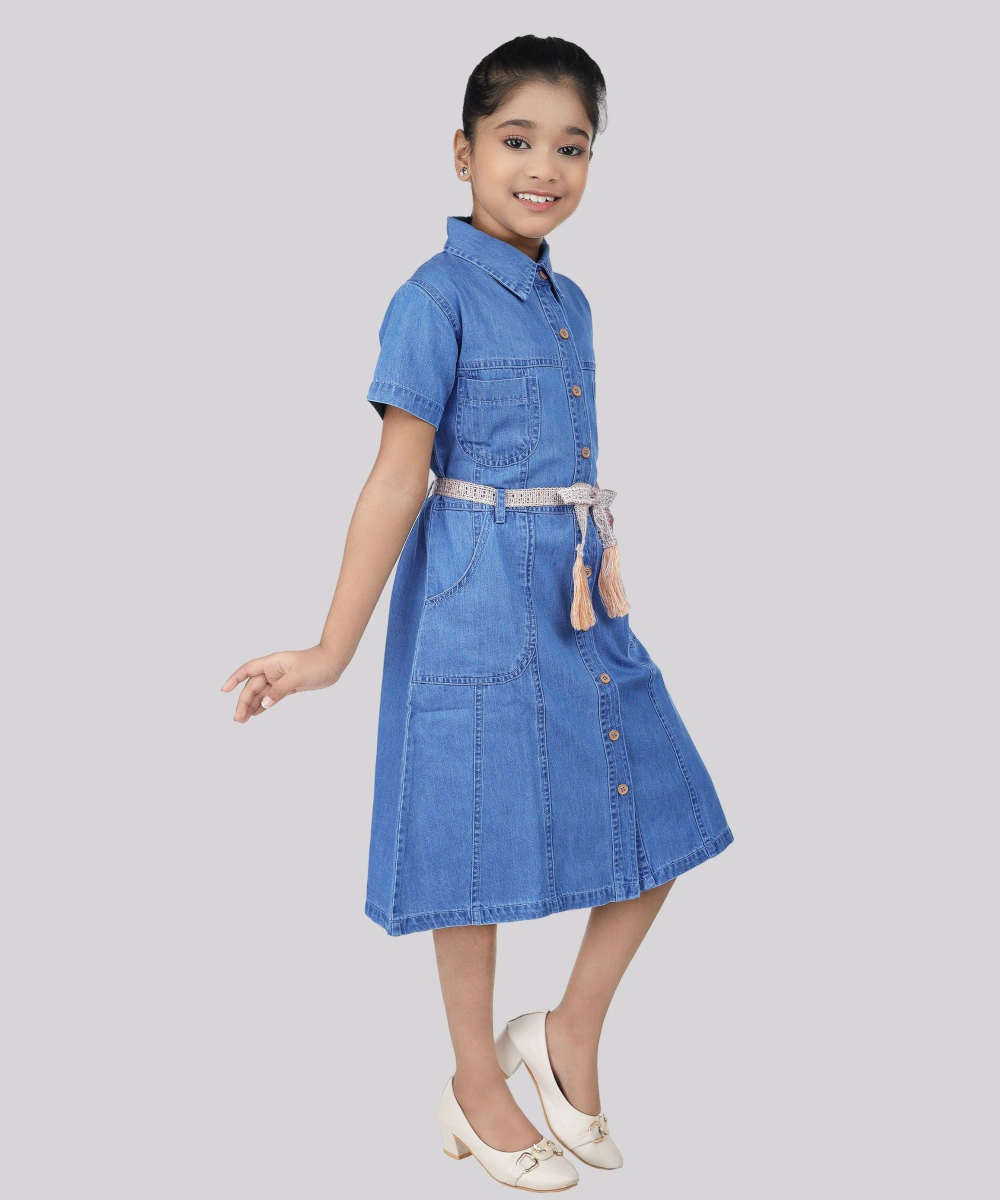 Flower Girl - Girl' Half Sleeve Denim Dress - Blue