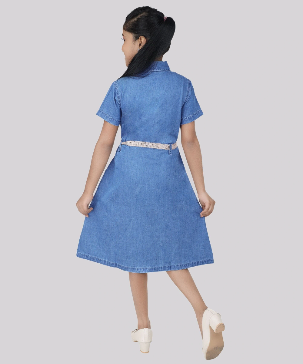 Flower Girl - Girl' Half Sleeve Denim Dress - Blue