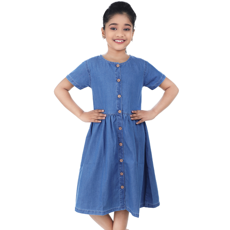 Flower Girl - Girl' Half Sleeve Dress - Denim Blue