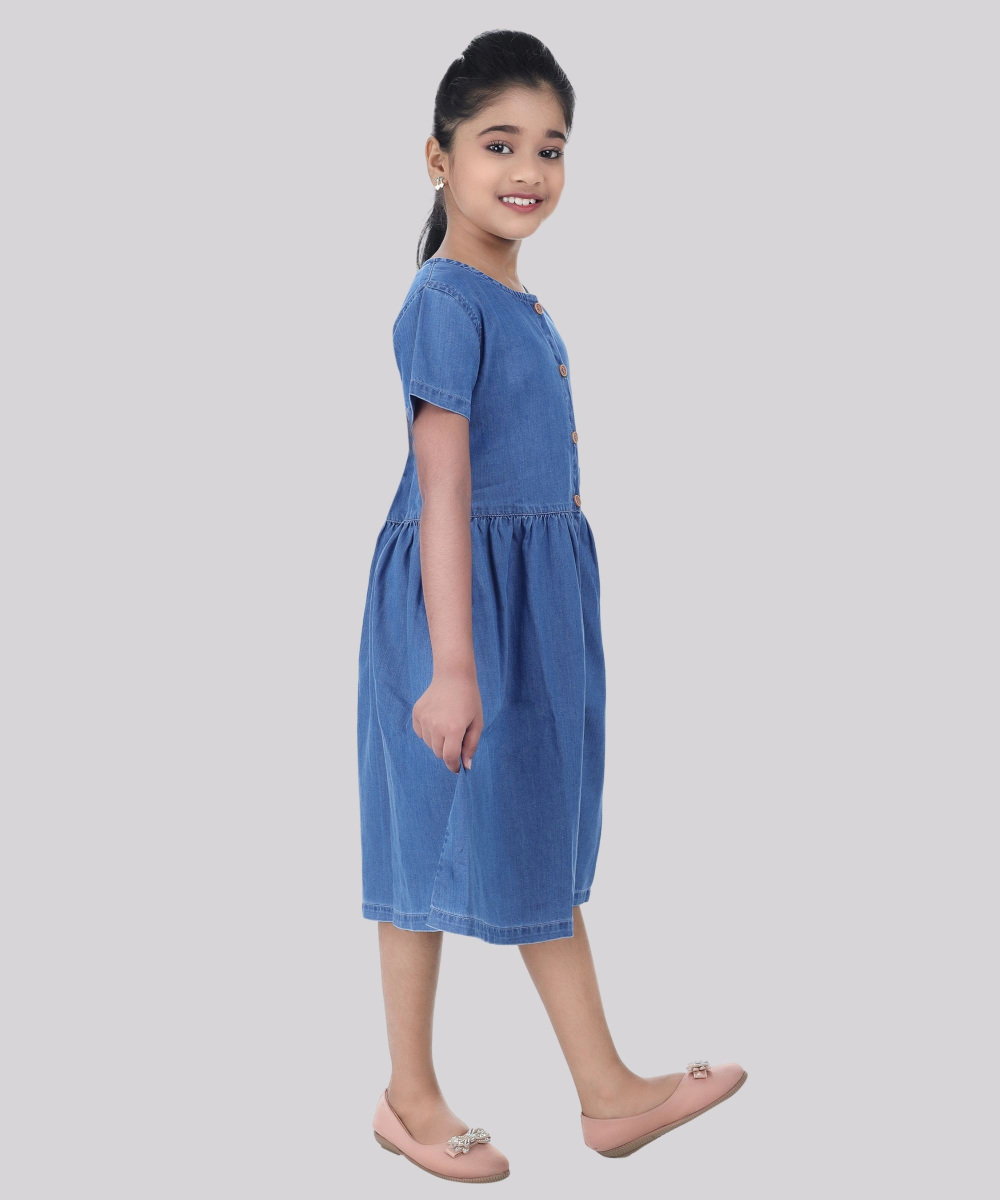 Flower Girl - Girl' Half Sleeve Dress - Denim Blue