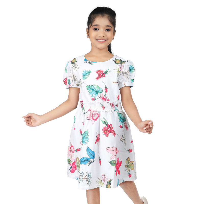 Flower Girl - Girl's Puff Sleeve Floral Print Dress - White