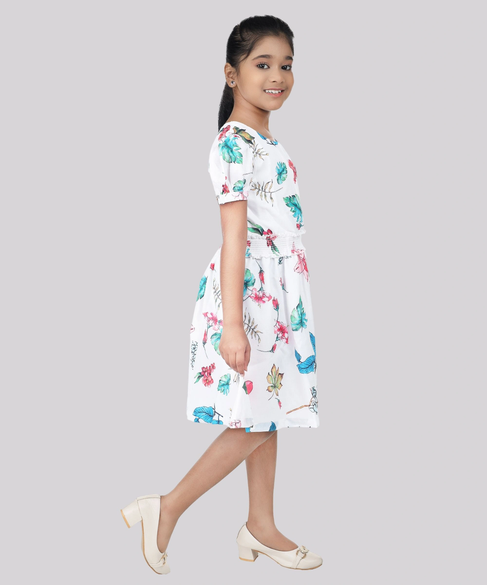 Flower Girl - Girl's Puff Sleeve Floral Print Dress - White