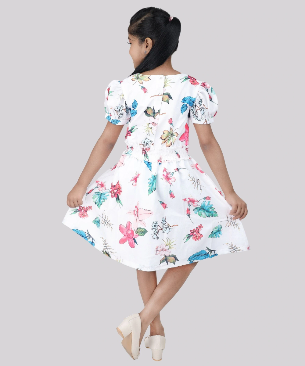Flower Girl - Girl's Puff Sleeve Floral Print Dress - White