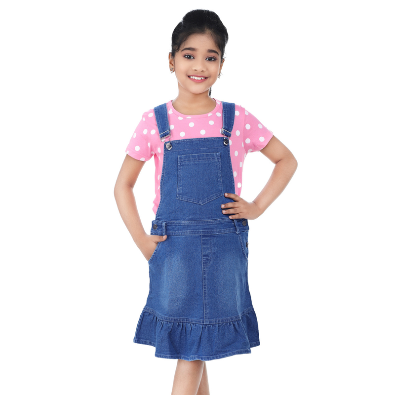 Flower Girl - 2pc-Set - Girl' Half Sleeve T-Shirt With Denim Pinafore - Pink/Blue
