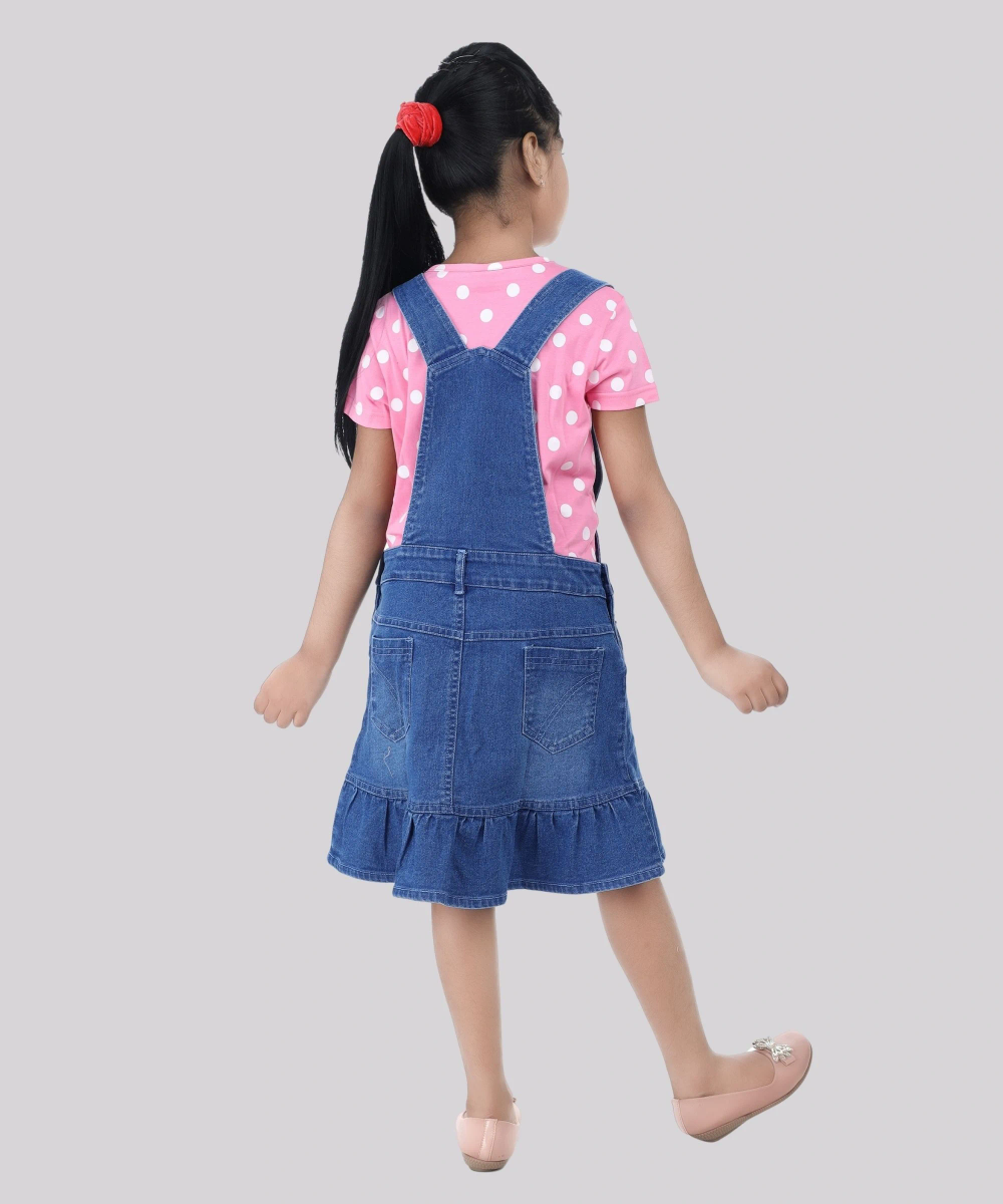 Flower Girl - 2pc-Set - Girl' Half Sleeve T-Shirt With Denim Pinafore - Pink/Blue
