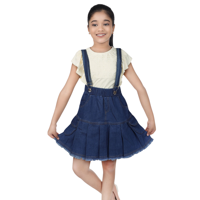 Flower Girl 2pc-Set - Girls Frill Sleeve Top With Dungaree - Butter/Navy