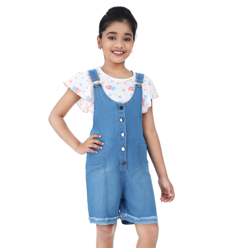 Flower Girl - 2pc-Set - Girl' Butterfly Sleeve T-Shirt With Denim Playsuit - White/Blue