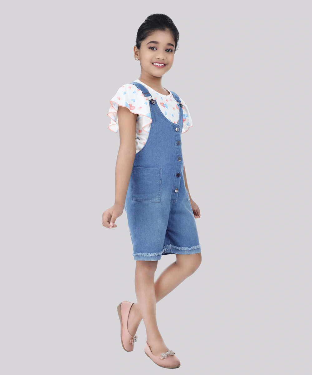 Flower Girl - 2pc-Set - Girl' Butterfly Sleeve T-Shirt With Denim Playsuit - White/Blue