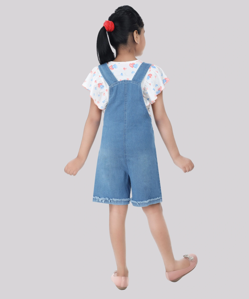 Flower Girl - 2pc-Set - Girl' Butterfly Sleeve T-Shirt With Denim Playsuit - White/Blue