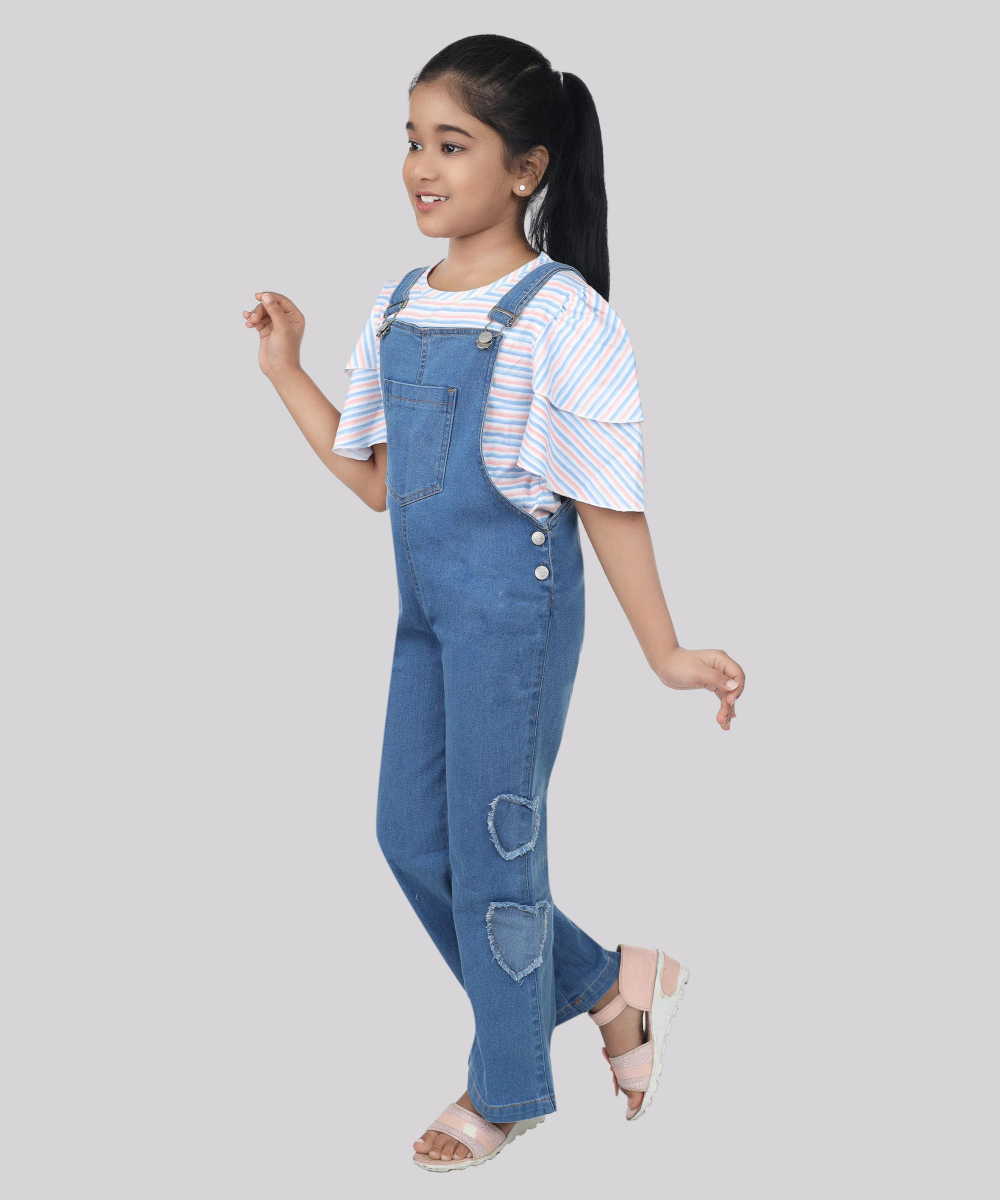 Flower Girl - 2pc-Set - Girls' Striped Frill Sleeves T-Shirt With Dungaree - Blue