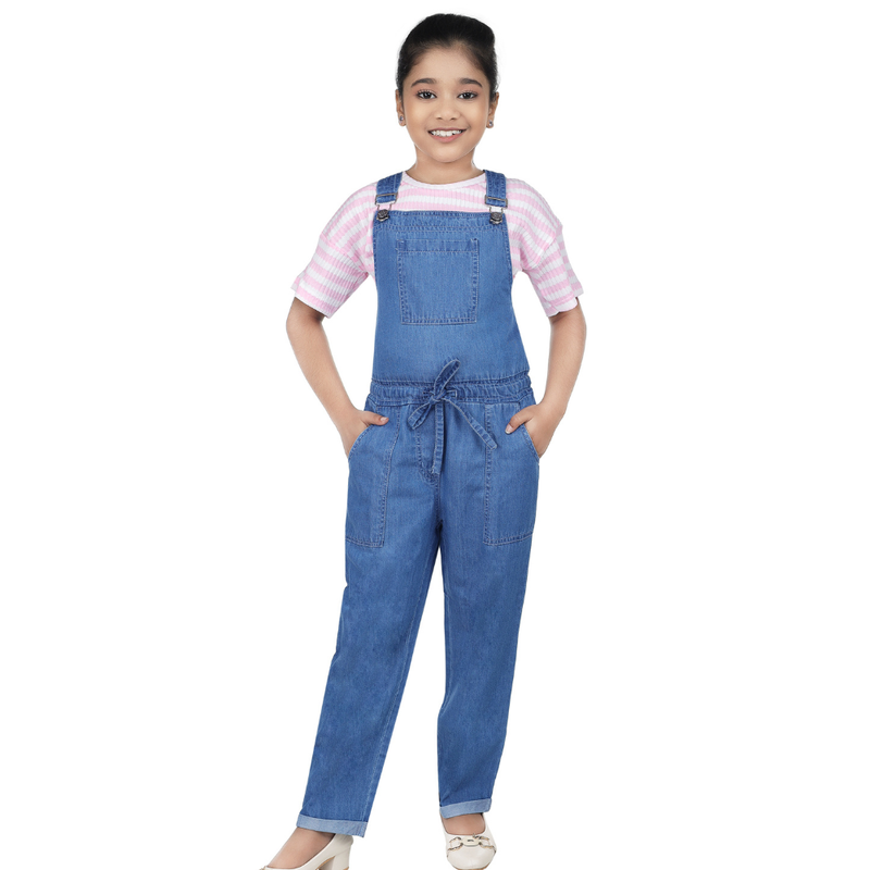 Flower Girl - 2pc-Set - Girl' Drop Shoulder Half Sleeve T-Shirt With Denim Dungaree - Pink/Blue
