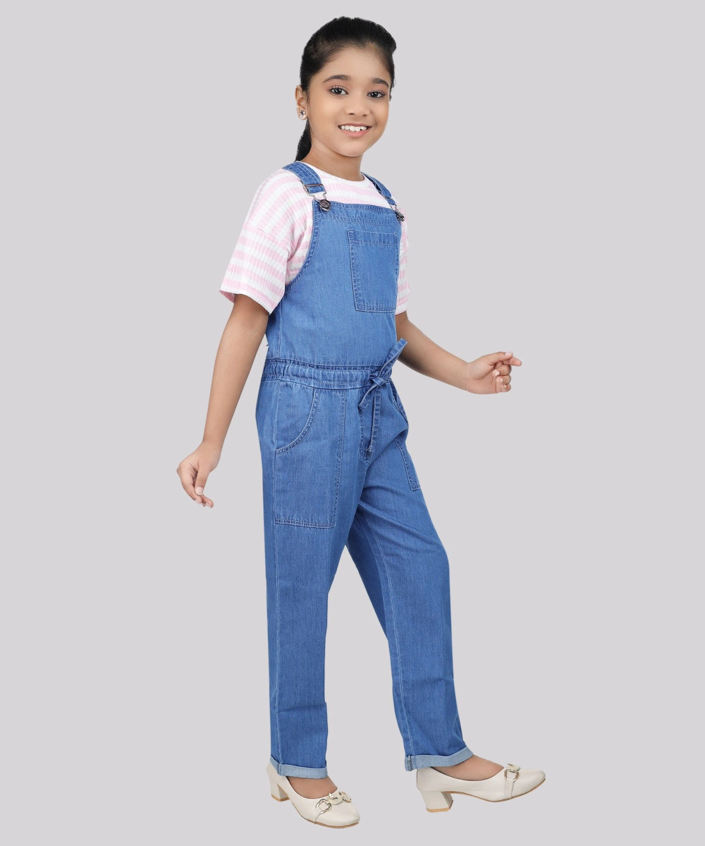 Flower Girl - 2pc-Set - Girl' Drop Shoulder Half Sleeve T-Shirt With Denim Dungaree - Pink/Blue