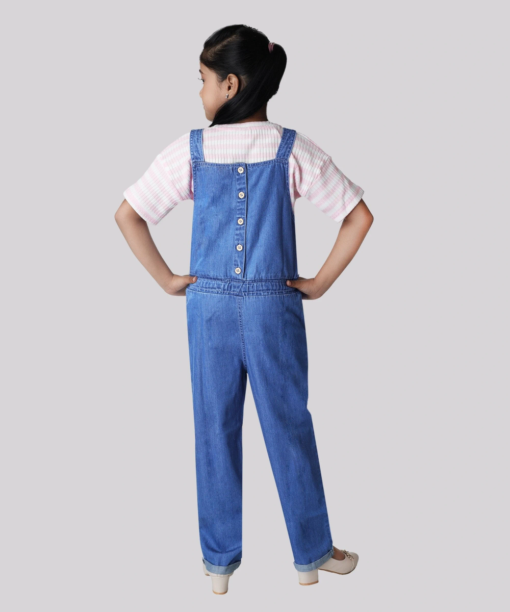 Flower Girl - 2pc-Set - Girl' Drop Shoulder Half Sleeve T-Shirt With Denim Dungaree - Pink/Blue